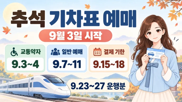 2026년 추석 기차표 예매 일정과 교통약자 예매, 일반 예매, 결제 기한, 운행 기간을 혜담이가 기차표를 들고 안내하는 온혜담 요약형 대표 삽화