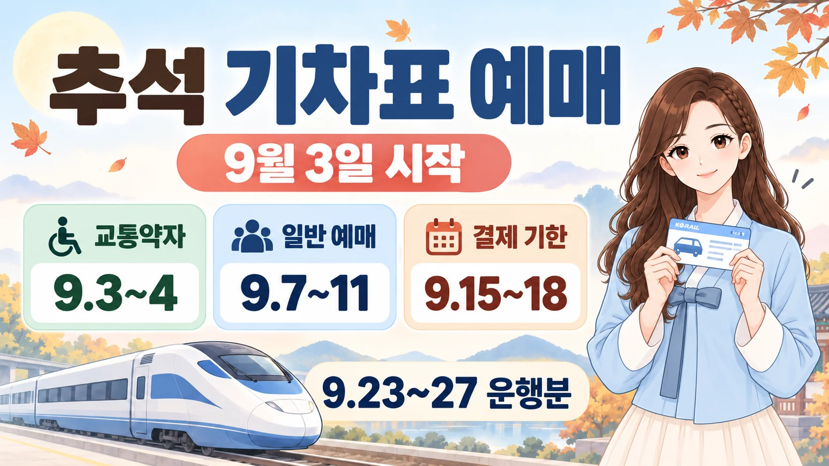 2026년 추석 기차표 예매 일정과 교통약자 예매, 일반 예매, 결제 기한, 운행 기간을 혜담이가 기차표를 들고 안내하는 온혜담 요약형 대표 삽화