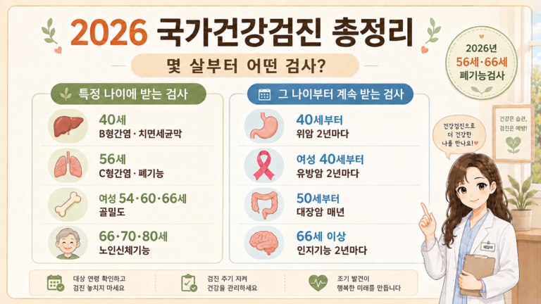 2026년 국가건강검진에서 40세·50세·56세·66세 등 연령별 검사항목과 검사 주기를 정리한 안내 이미지