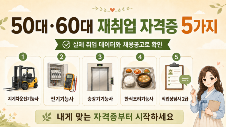 50대·60대 재취업에 활용할 수 있는 지게차운전기능사, 전기기능사, 승강기기능사, 한식조리기능사, 직업상담사 2급을 정리한 온혜담 대표 이미지