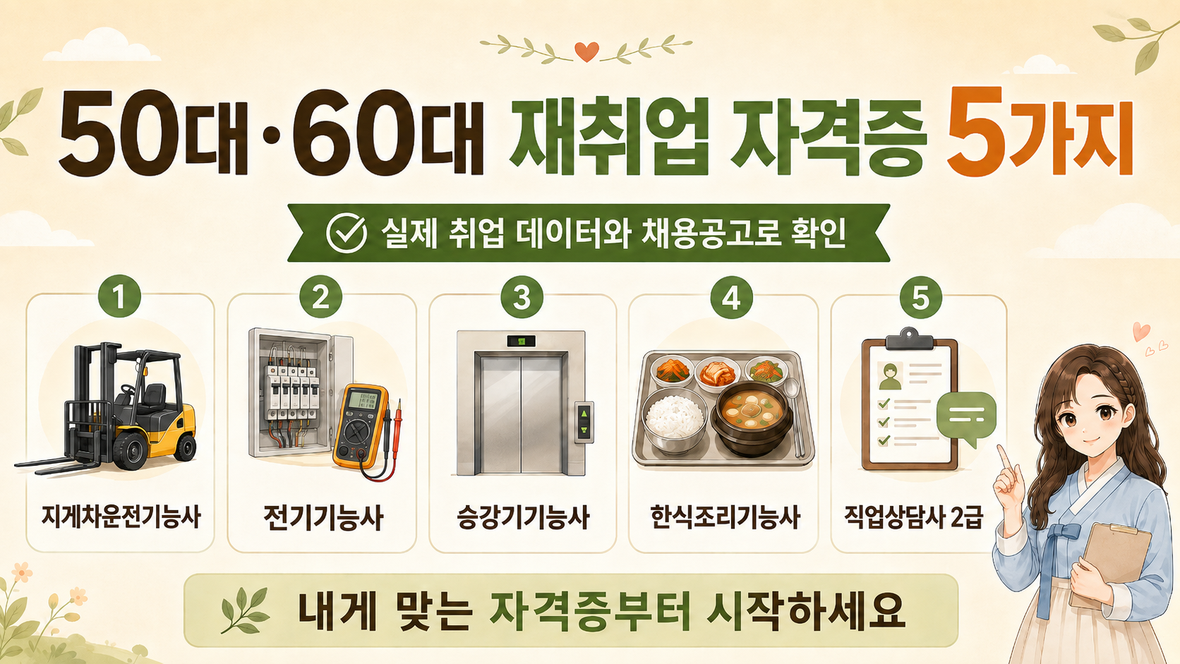 50대·60대 재취업에 활용할 수 있는 지게차운전기능사, 전기기능사, 승강기기능사, 한식조리기능사, 직업상담사 2급을 정리한 온혜담 대표 이미지