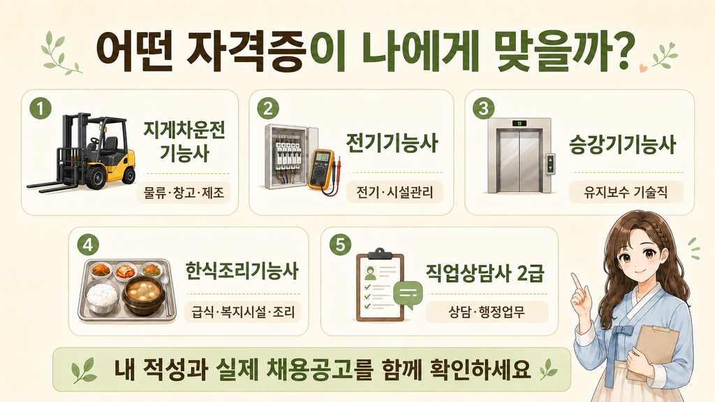 지게차운전기능사, 전기기능사, 승강기기능사, 한식조리기능사, 직업상담사 2급의 활용 분야를 한눈에 정리한 안내 이미지