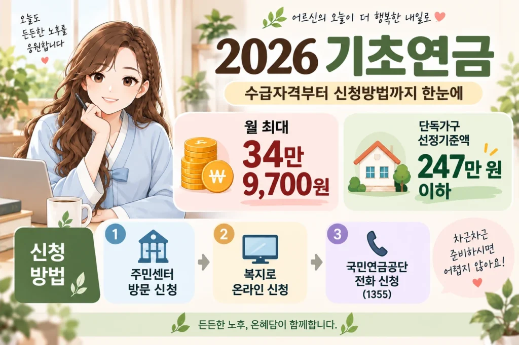 혜담이가 2026년 기초연금 정보를 안내하며 월 최대 34만 9,700원, 단독가구 선정기준액 247만 원 이하, 주민센터·복지로·국민연금공단 신청방법을 보여주는 온혜담 본문 삽화