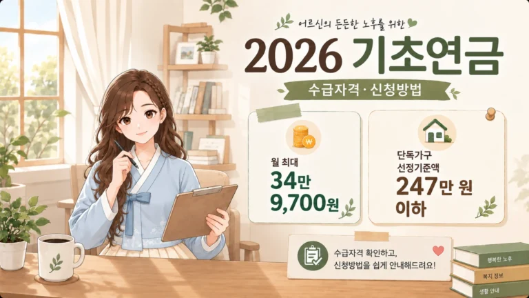 혜담이가 책상에 앉아 2026 기초연금 수급자격과 신청방법을 안내하는 온혜담 대표 삽화. 월 최대 34만 9,700원과 단독가구 선정기준액 247만 원 이하 정보가 함께 보인다.