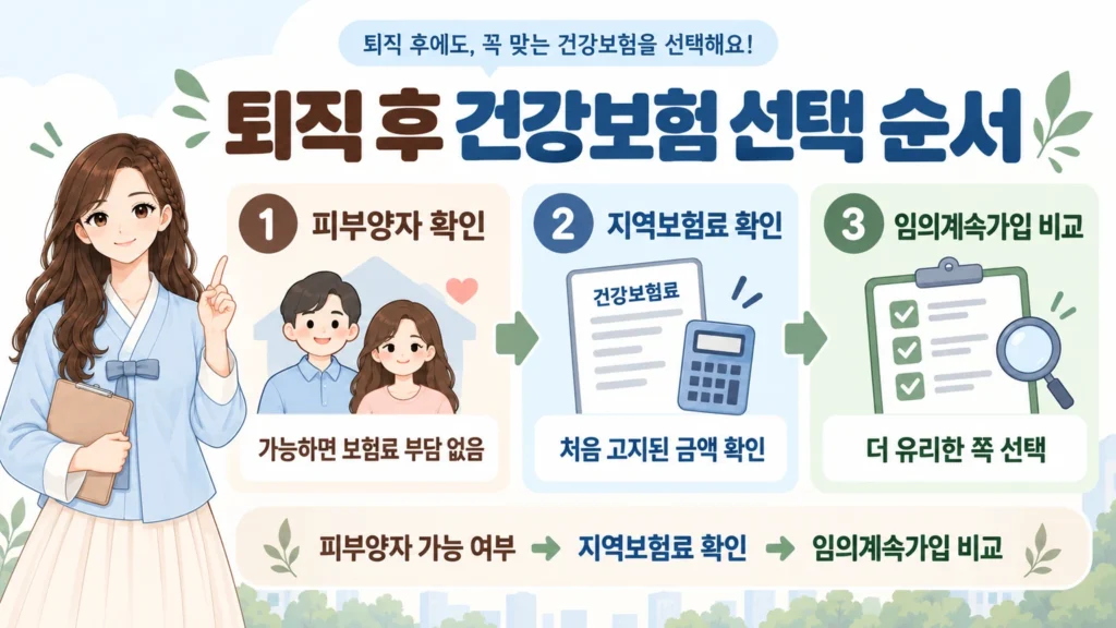 혜담이가 퇴직 후 건강보험 선택 순서를 안내하며 피부양자 확인, 지역보험료 확인, 임의계속가입 비교의 3단계를 한눈에 보여주는 온혜담 본문 삽화
