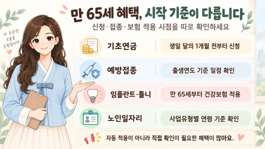 혜담이가 만 65세 이상 혜택의 시작 기준 차이를 안내하며 기초연금 신청 시기, 예방접종 일정, 임플란트·틀니 건강보험 적용, 노인일자리 연령 기준을 보여주는 온혜담 본문 삽화