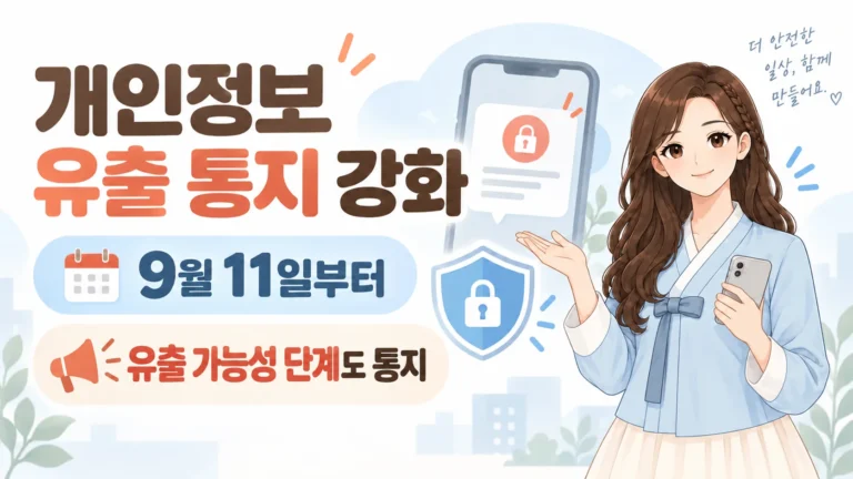 2026년 9월 11일부터 강화되는 개인정보 유출 통지 제도를 혜담이가 스마트폰 알림과 보안 아이콘으로 안내하는 온혜담 정보형 대표 삽화