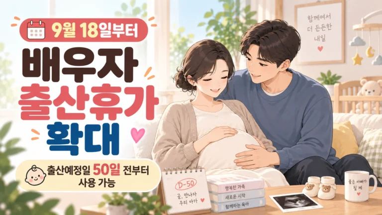 2026년 9월 18일부터 시행되는 배우자 출산휴가 확대와 출산예정일 50일 전부터 사용 가능한 휴가, 유산·조산 위험 시 출산 전 육아휴직을 안내하는 온혜담 삽화