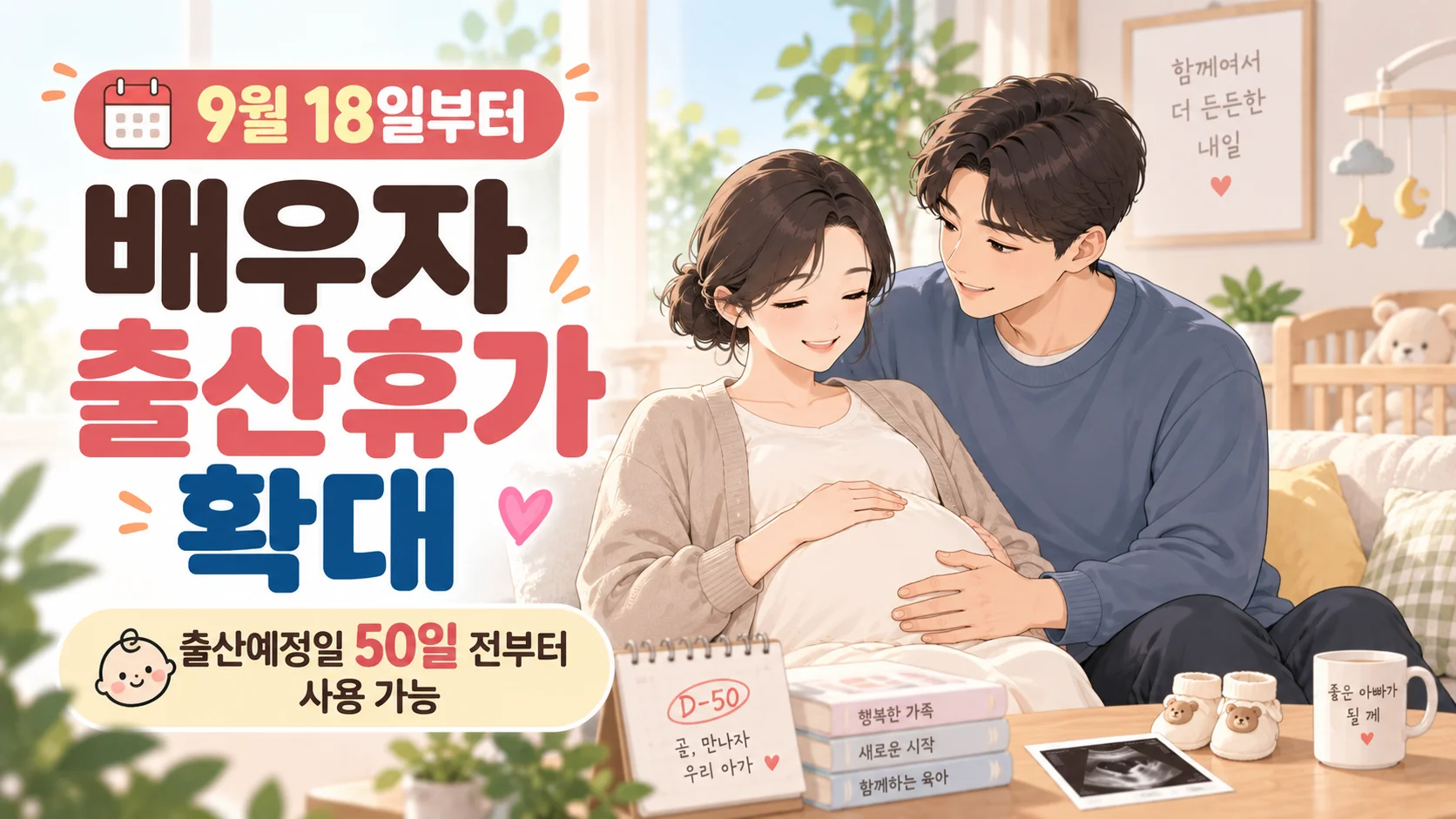 2026년 9월 18일부터 시행되는 배우자 출산휴가 확대와 출산예정일 50일 전부터 사용 가능한 휴가, 유산·조산 위험 시 출산 전 육아휴직을 안내하는 온혜담 삽화