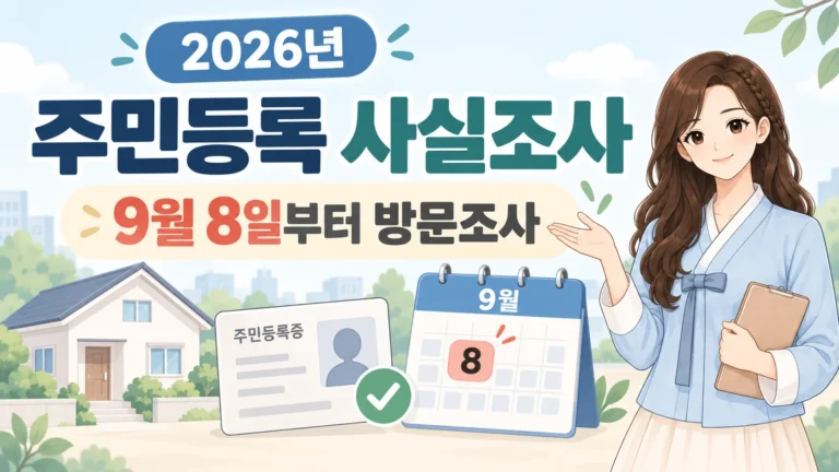 2026년 주민등록 사실조사와 9월 8일부터 시작되는 방문조사 일정을 주민등록증, 달력, 주택 이미지와 혜담이 캐릭터로 안내하는 온혜담 대표이미지