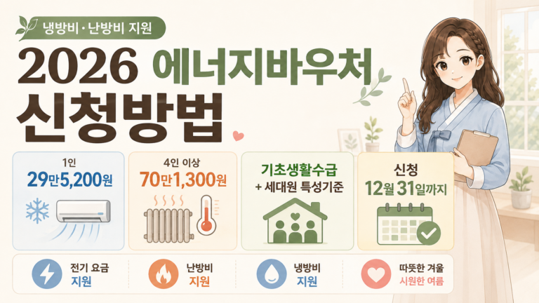 2026년 에너지바우처 지원금액인 1인 29만5,200원, 4인 이상 70만1,300원과 기초생활수급 및 세대원 특성기준, 신청기한 12월 31일까지를 정리한 온혜담 대표 이미지