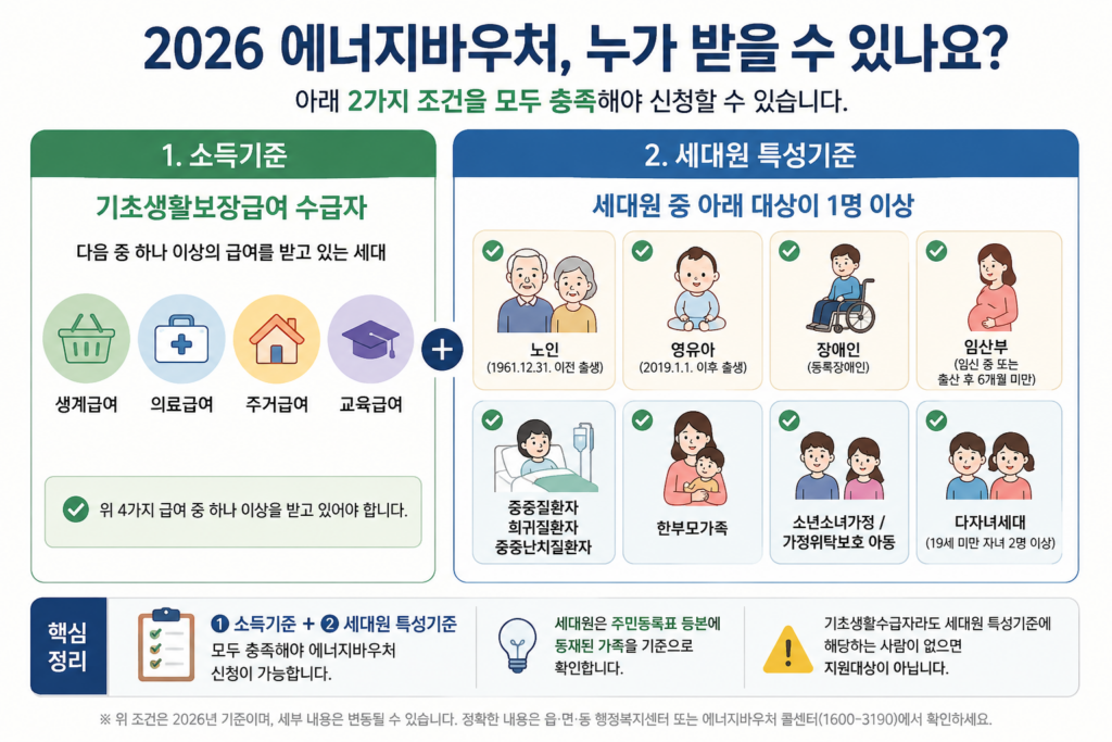 2026년 에너지바우처 신청 대상이 되기 위한 두 가지 조건인 기초생활보장급여 수급 여부와 노인·영유아·장애인·임산부·한부모가족·다자녀세대 등 세대원 특성기준을 한눈에 정리한 온혜담 본문 이미지