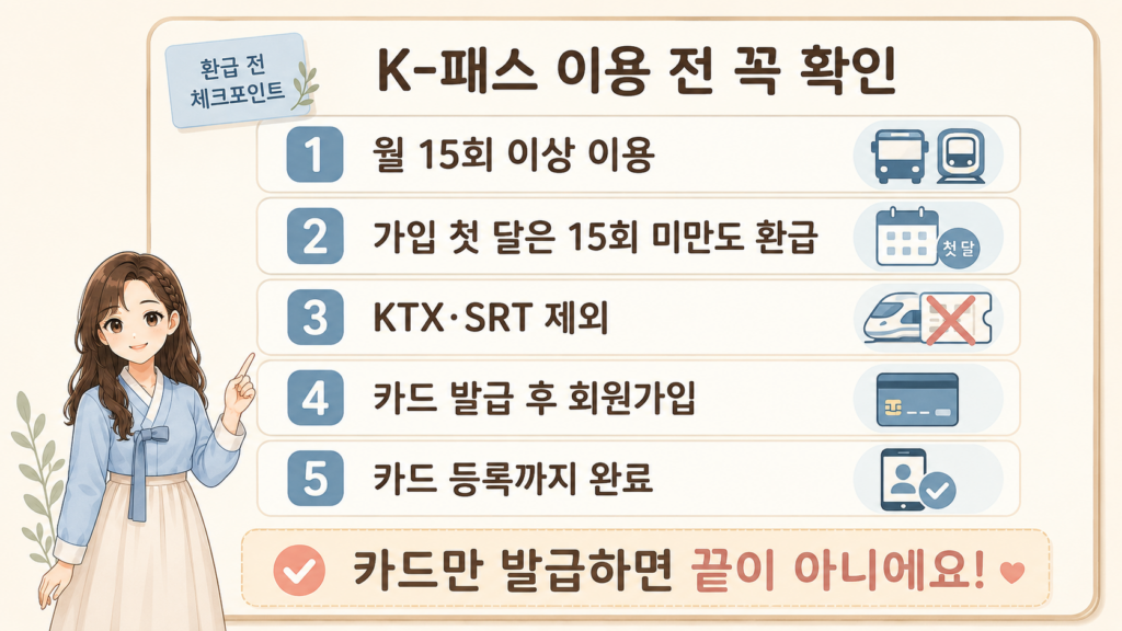 K-패스 월 15회 이용 조건과 가입 첫 달 예외, KTX·SRT 제외, 카드 발급·회원가입·카드 등록을 안내하는 체크리스트