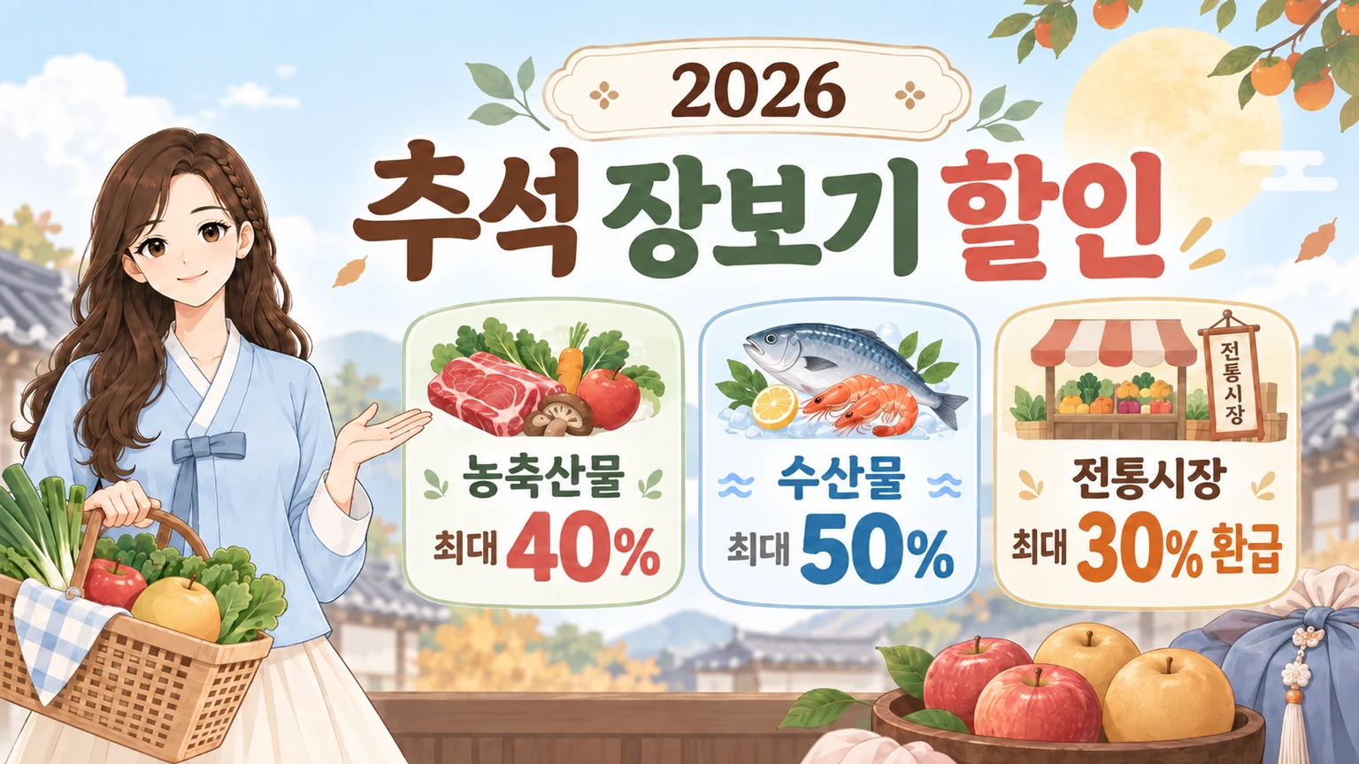 혜담이가 장바구니를 들고 추석 장보기 할인 정보를 안내하며 농축산물 최대 40%, 수산물 최대 50%, 전통시장 30% 환급을 보여주는 온혜담 대표이미지