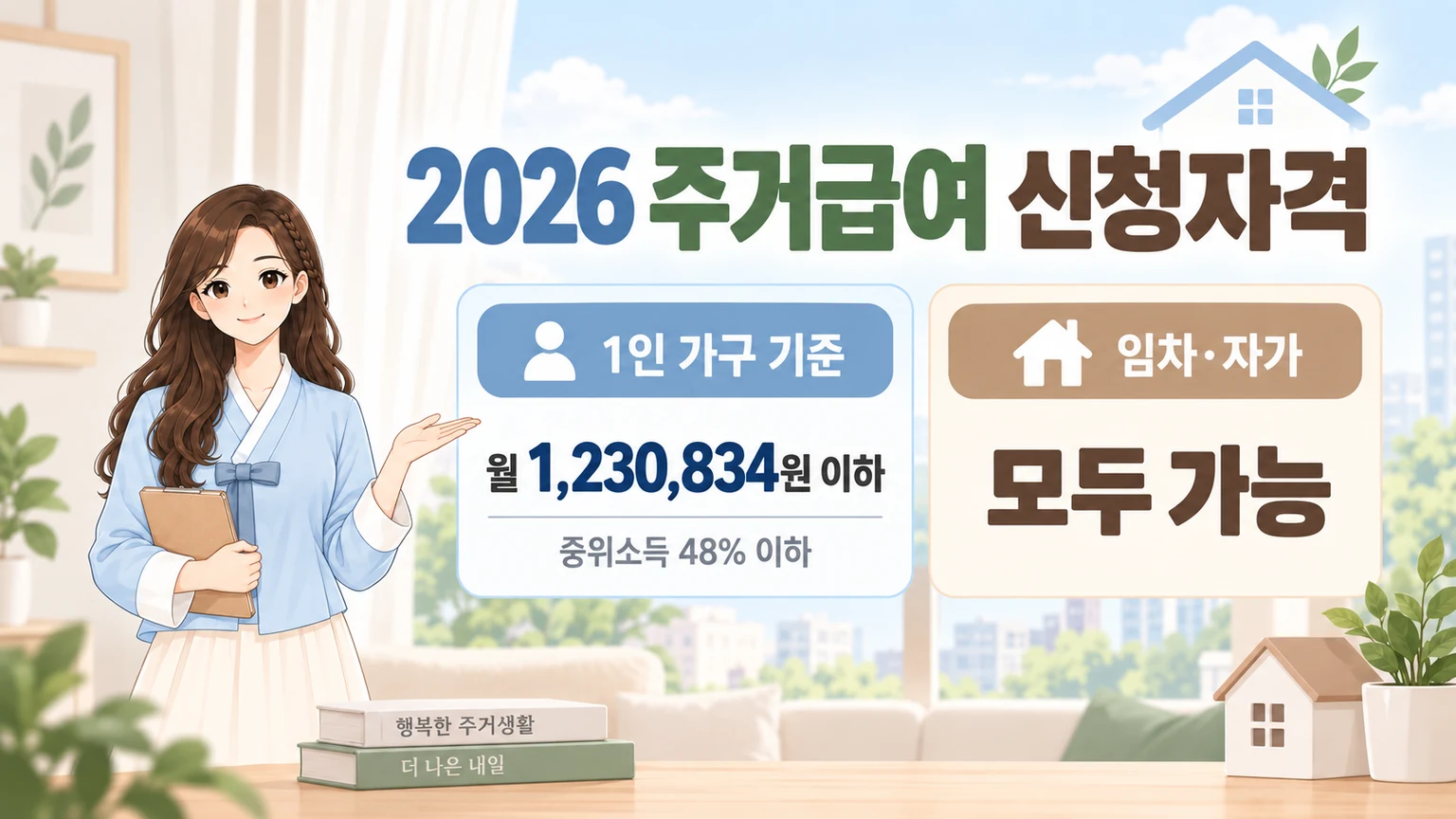 혜담이가 왼쪽에서 주거급여 신청자격을 안내하고, 오른쪽에 1인 가구 기준 월 1,230,834원 이하와 임차·자가 모두 가능 정보를 보여주는 온혜담 대표이미지