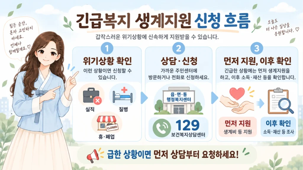 혜담이가 긴급복지 생계지원 신청 흐름을 안내하며 위기상황 확인, 주민센터 상담·신청, 먼저 지원 후 소득·재산 확인 절차를 설명하는 온혜담 본문 삽화
