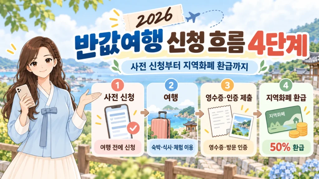혜담이가 2026 반값여행 신청 절차를 안내하며 사전 신청, 여행, 영수증·방문 인증 제출, 지역화폐 환급의 4단계를 보여주는 온혜담 본문 삽화