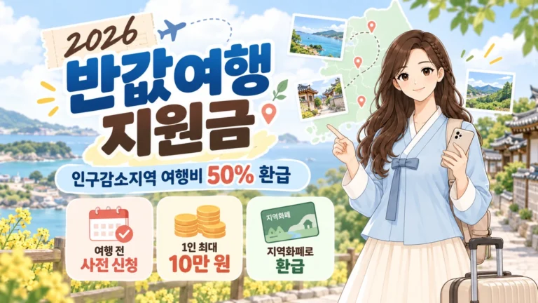 혜담이가 여행 가방과 스마트폰을 들고 2026 반값여행 지원금을 안내하며 인구감소지역 여행비 50% 환급, 여행 전 사전 신청, 1인 최대 10만 원, 지역화폐 환급 정보를 보여주는 온혜담 대표 삽화