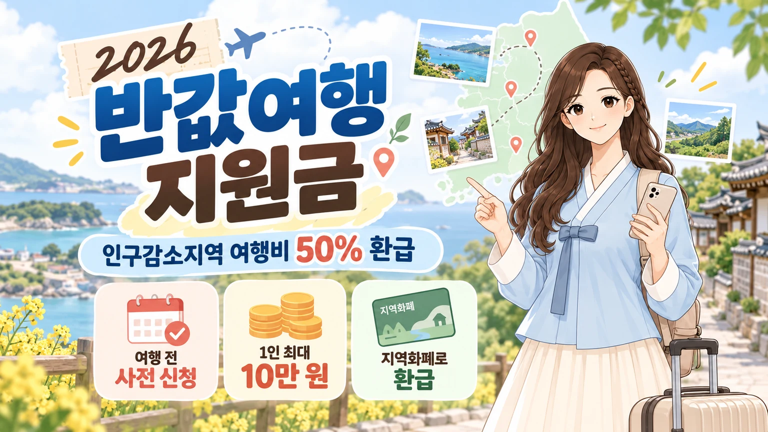 혜담이가 여행 가방과 스마트폰을 들고 2026 반값여행 지원금을 안내하며 인구감소지역 여행비 50% 환급, 여행 전 사전 신청, 1인 최대 10만 원, 지역화폐 환급 정보를 보여주는 온혜담 대표 삽화
