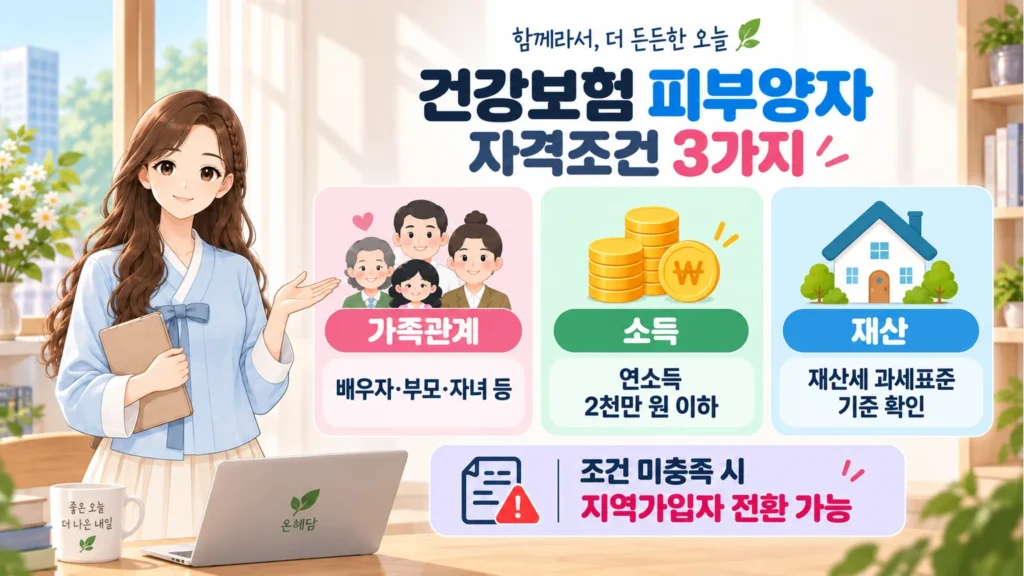 혜담이가 건강보험 피부양자 자격조건을 안내하며 가족관계, 연소득 2천만 원 이하, 재산세 과세표준 기준과 조건 미충족 시 지역가입자 전환 가능성을 설명하는 온혜담 본문 삽화