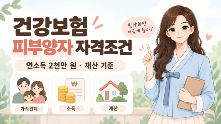 혜담이가 건강보험 피부양자 자격조건을 안내하며 가족관계, 소득, 재산 기준과 탈락 시 확인할 점을 보여주는 온혜담 대표이미지