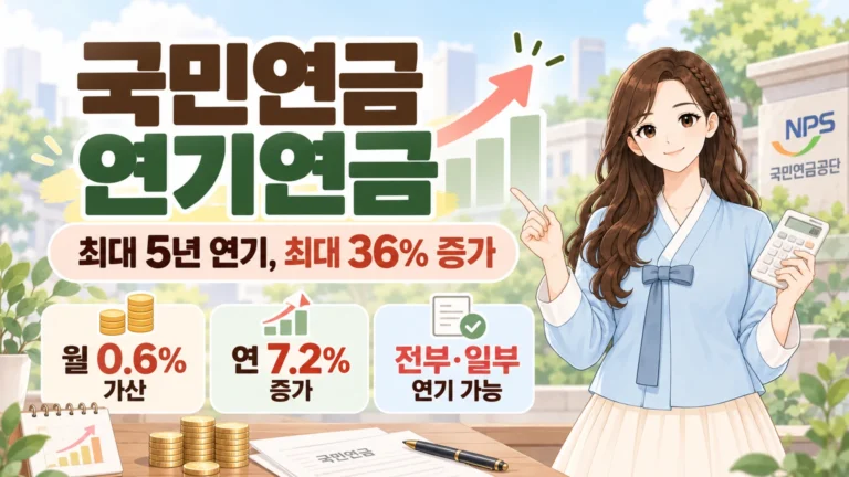 혜담이가 계산기를 들고 국민연금 연기연금 제도를 안내하며 최대 5년 연기와 최대 36% 증가, 월 0.6% 가산과 일부 연기 가능 여부를 보여주는 온혜담 대표 삽화