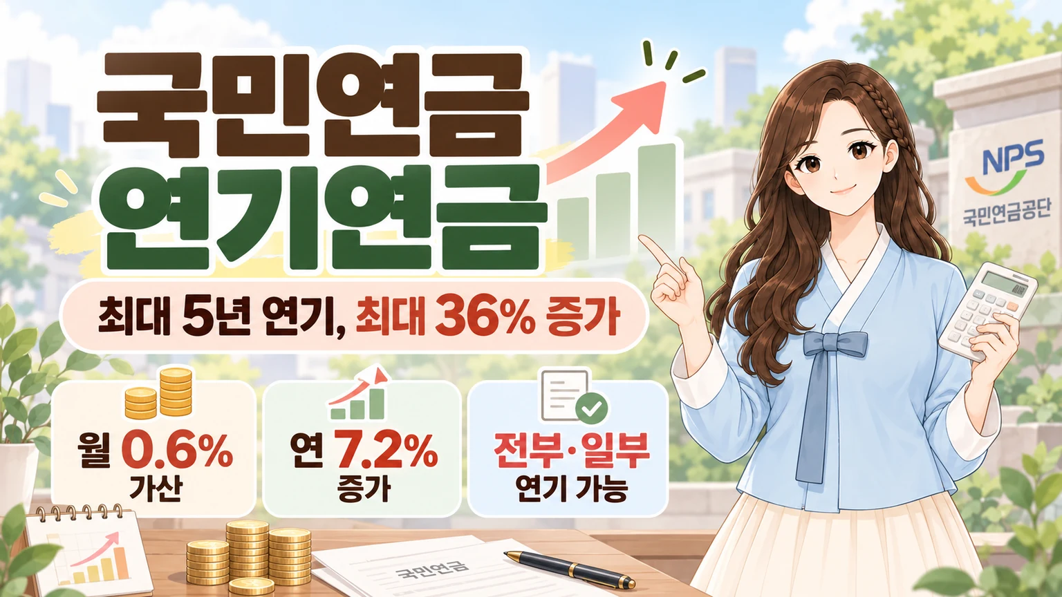 혜담이가 계산기를 들고 국민연금 연기연금 제도를 안내하며 최대 5년 연기와 최대 36% 증가, 월 0.6% 가산과 일부 연기 가능 여부를 보여주는 온혜담 대표 삽화