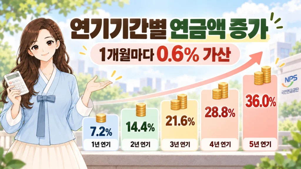 혜담이가 계산기를 들고 국민연금 연기연금의 증가율을 안내하며 1년 연기 7.2%, 2년 연기 14.4%, 3년 연기 21.6%, 4년 연기 28.8%, 5년 연기 36.0%를 보여주는 온혜담 본문 삽화