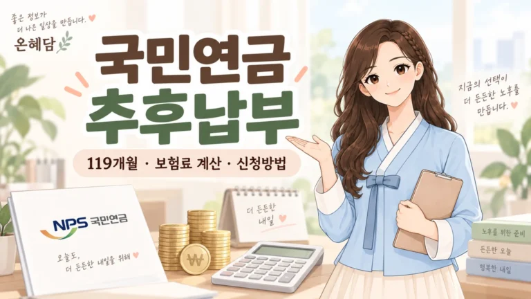 혜담이가 국민연금 추후납부 제도를 안내하며 119개월, 보험료 계산, 신청방법 핵심 내용을 보여주는 온혜담 대표 삽화