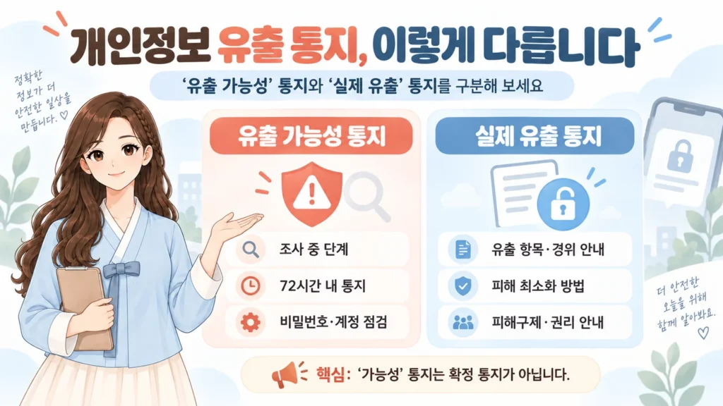 혜담이가 개인정보 유출 가능성 통지와 실제 유출 통지의 차이를 비교하며 72시간 내 통지, 비밀번호·계정 점검, 피해구제와 권리 안내를 설명하는 온혜담 본문 삽화