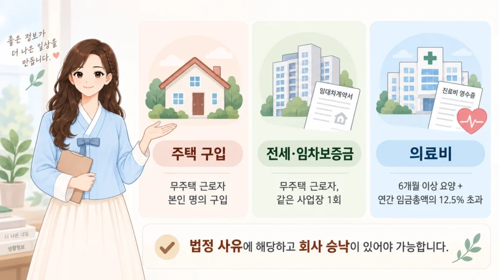 혜담이가 퇴직금 중간정산이 가능한 대표 사유인 주택 구입, 전세·임차보증금, 의료비와 법정 사유 및 회사 승낙 필요 조건을 안내하는 온혜담 본문 삽화