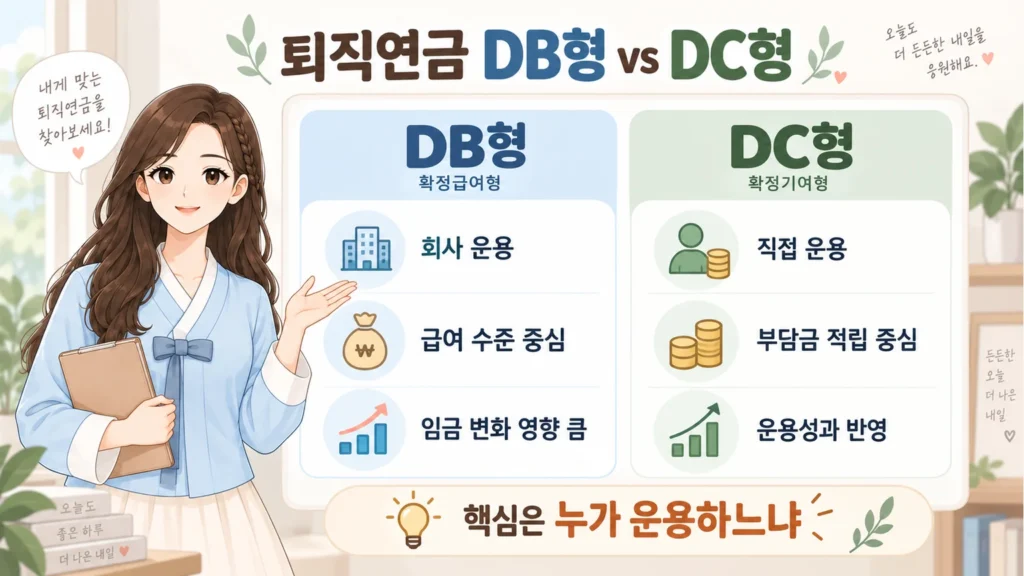 혜담이가 퇴직연금 DB형과 DC형의 차이를 안내하며 DB형은 회사 운용과 급여 수준 중심, DC형은 직접 운용과 부담금 적립 중심이라는 핵심 차이를 설명하는 온혜담 본문 삽화