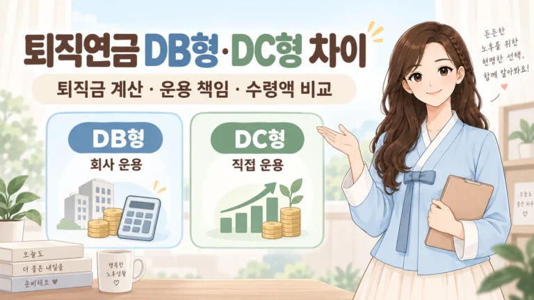 혜담이가 퇴직연금 DB형과 DC형의 차이를 안내하며 DB형은 회사 운용, DC형은 직접 운용이라는 핵심 차이를 보여주는 온혜담 대표이미지