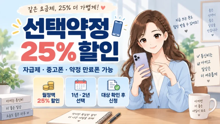 혜담이가 스마트폰을 들고 선택약정 25% 할인 조건을 안내하며 자급제·중고폰·약정 만료폰 가능 여부와 1년·2년 선택, 대상 확인 후 신청 정보를 보여주는 온혜담 대표 삽화