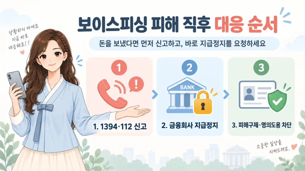 혜담이가 보이스피싱 피해 직후 대응 순서를 안내하며 1394·112 신고, 금융회사 지급정지, 피해구제와 명의도용 차단 3단계를 보여주는 온혜담 본문 삽화