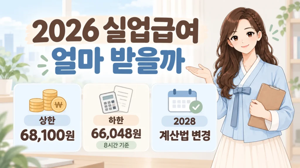 혜담이가 2026년 실업급여 정보를 안내하며 상한 68,100원, 하한 66,048원, 8시간 기준, 2028년 계산법 변경 내용을 보여주는 온혜담 대표이미지