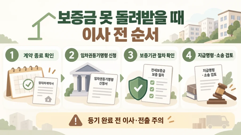 전세보증금을 돌려받지 못했을 때 이사 전에 확인해야 할 순서를 4단계로 정리한 온혜담 본문 삽화. 계약 종료 확인, 임차권등기명령 신청, 보증기관 절차 확인, 지급명령·소송 검토와 함께 등기 완료 전 이사·전출 주의 문구가 들어간 인포그래픽