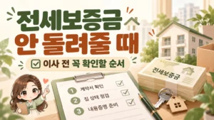 전세보증금을 돌려받지 못한 상황을 주제로, 작은 SD 혜담이가 임대차계약서를 보며 고민하고 있고 책상 위에 임대차계약서, 등기사항증명서, 열쇠, 집 모형, 관련 서류가 놓인 온혜담 대표 삽화