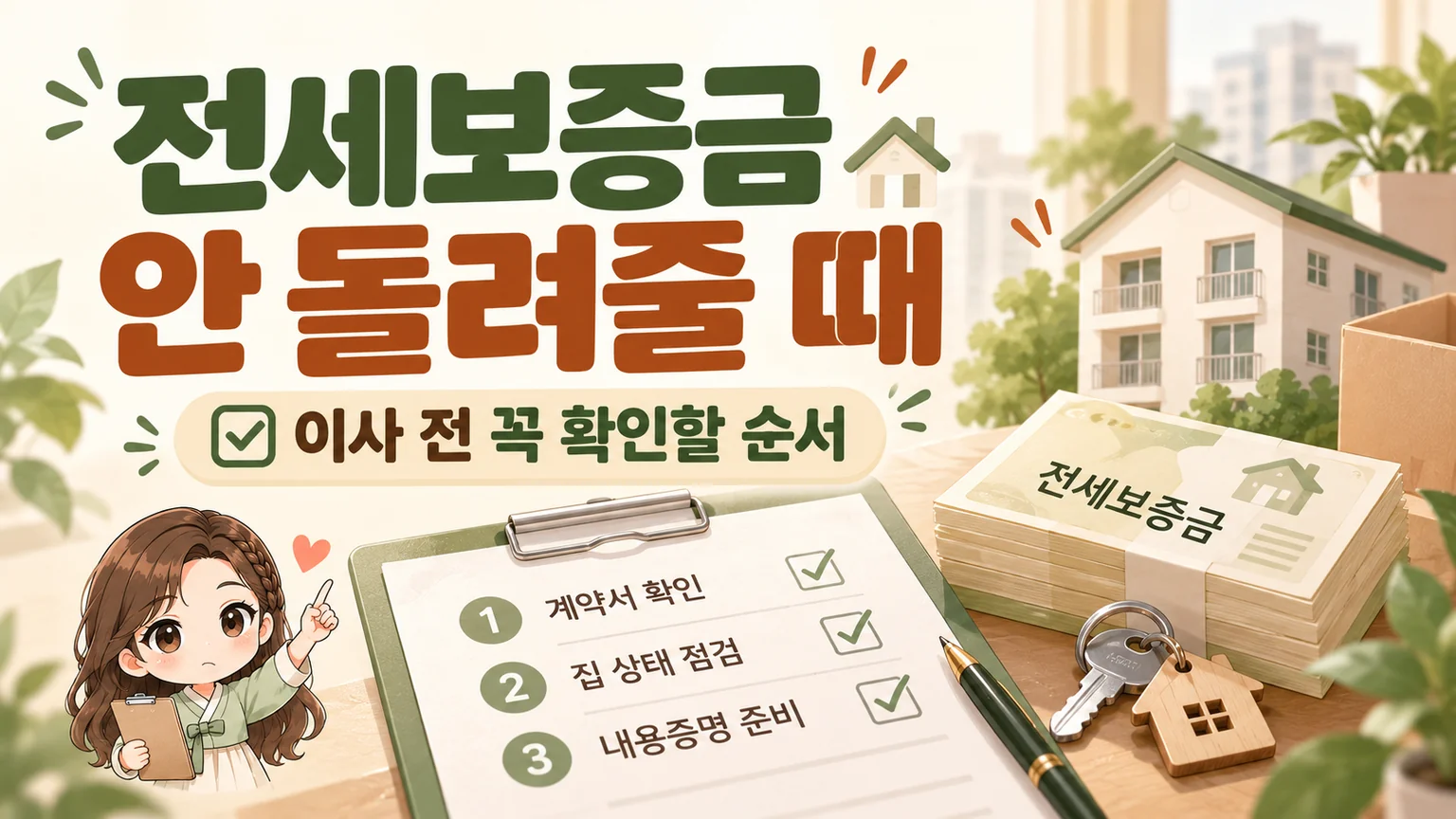 전세보증금을 돌려받지 못한 상황을 주제로, 작은 SD 혜담이가 임대차계약서를 보며 고민하고 있고 책상 위에 임대차계약서, 등기사항증명서, 열쇠, 집 모형, 관련 서류가 놓인 온혜담 대표 삽화