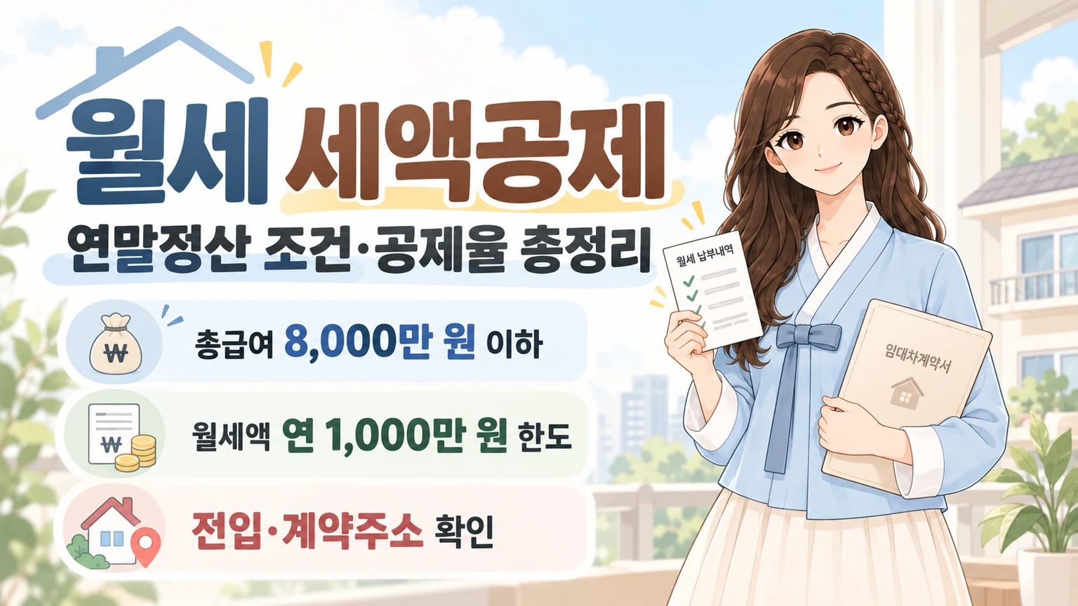 혜담이가 임대차계약서와 월세 납부내역을 들고 2026 월세 세액공제의 연말정산 조건, 총급여 8,000만 원 이하, 월세액 연 1,000만 원 한도, 전입·계약주소 확인 내용을 안내하는 온혜담 대표 삽화
