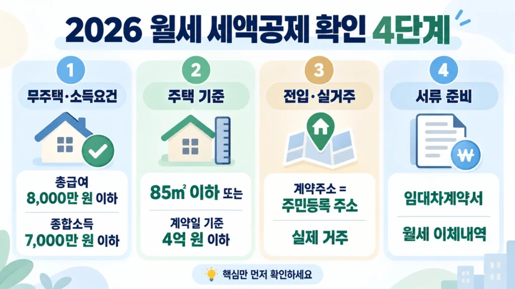 2026 월세 세액공제 조건을 무주택·소득요건, 주택 기준, 전입·실거주, 임대차계약서와 월세 이체내역 준비의 4단계로 정리한 온혜담 본문 삽화
