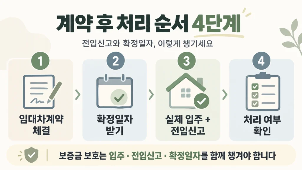 임대차계약 체결, 확정일자 받기, 실제 입주와 전입신고, 처리 여부 확인까지 전세·월세 계약 후 절차를 4단계로 정리한 온혜담 본문 삽화