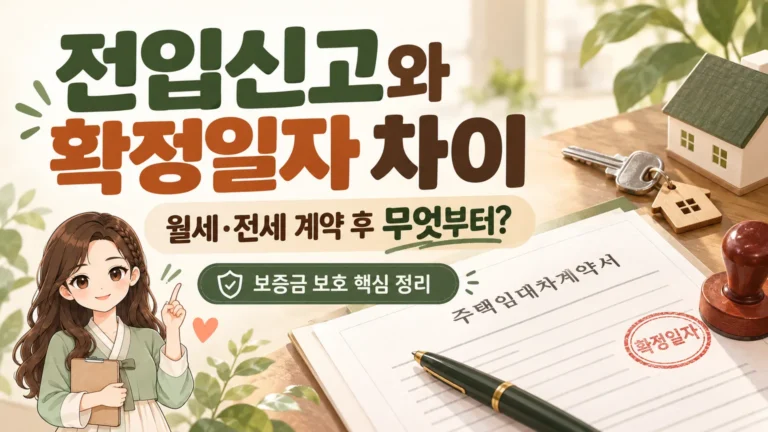 혜담이가 임대차계약서와 집 열쇠 옆에서 전입신고와 확정일자의 차이, 이사 후 처리 순서와 보증금 보호 핵심을 안내하는 온혜담 대표 삽화