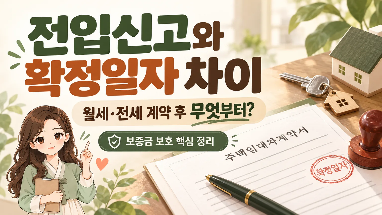 혜담이가 임대차계약서와 집 열쇠 옆에서 전입신고와 확정일자의 차이, 이사 후 처리 순서와 보증금 보호 핵심을 안내하는 온혜담 대표 삽화