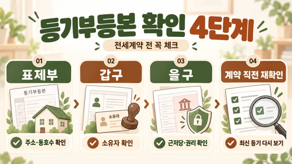 전세계약 전에 등기부등본을 확인할 때 표제부, 갑구, 을구, 계약 직전 재확인 순서로 꼭 점검할 내용을 4단계로 정리한 온혜담 본문 삽화