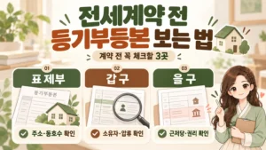 전세계약 전 등기부등본에서 표제부·갑구·을구를 확인하고 주소·소유자·근저당 등 주요 권리관계를 점검하는 방법을 보여주는 온혜담 대표 삽화