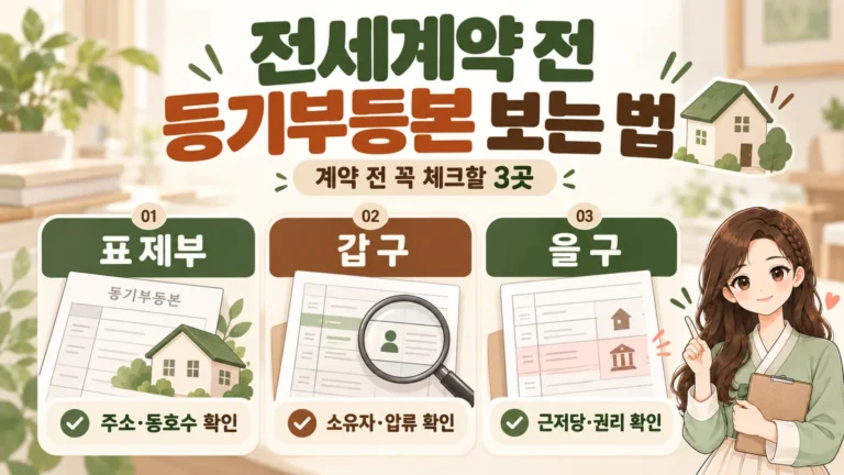 전세계약 전 등기부등본에서 표제부·갑구·을구를 확인하고 주소·소유자·근저당 등 주요 권리관계를 점검하는 방법을 보여주는 온혜담 대표 삽화