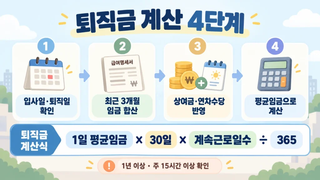 퇴직금 계산 절차를 입사일과 퇴직일 확인, 최근 3개월 임금 합산, 상여금과 연차수당 반영, 평균임금으로 계산의 4단계로 정리한 온혜담 본문 삽화