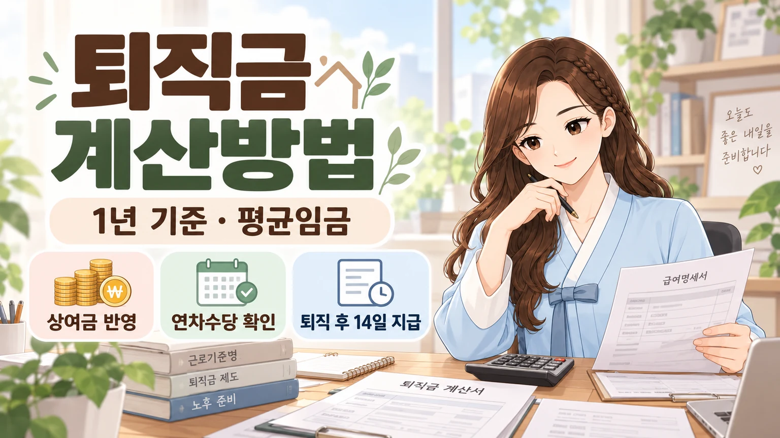 혜담이가 급여명세서와 계산서를 보며 퇴직금 계산방법을 안내하고, 1년 기준, 평균임금, 상여금 반영, 연차수당 확인, 퇴직 후 14일 지급 핵심을 보여주는 온혜담 대표 삽화