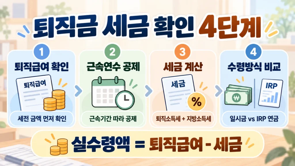 퇴직금 세금 확인 절차를 퇴직급여 확인, 근속연수 공제, 세금 계산, 수령방식 비교의 4단계로 정리한 온혜담 본문 삽화